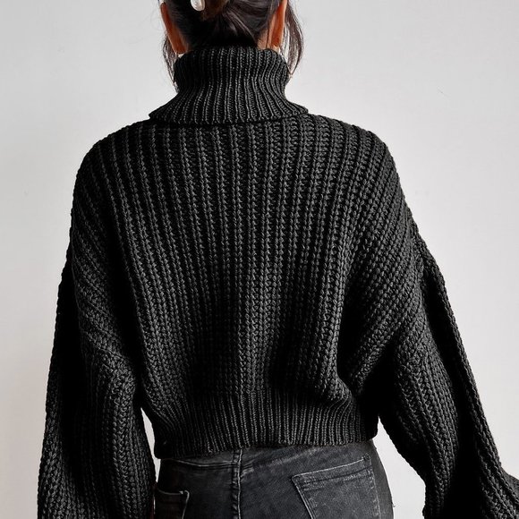 Black Casual Womens Turtleneck Drop Shoulder Ribbed Knit Sweater - Picture 3 of 5